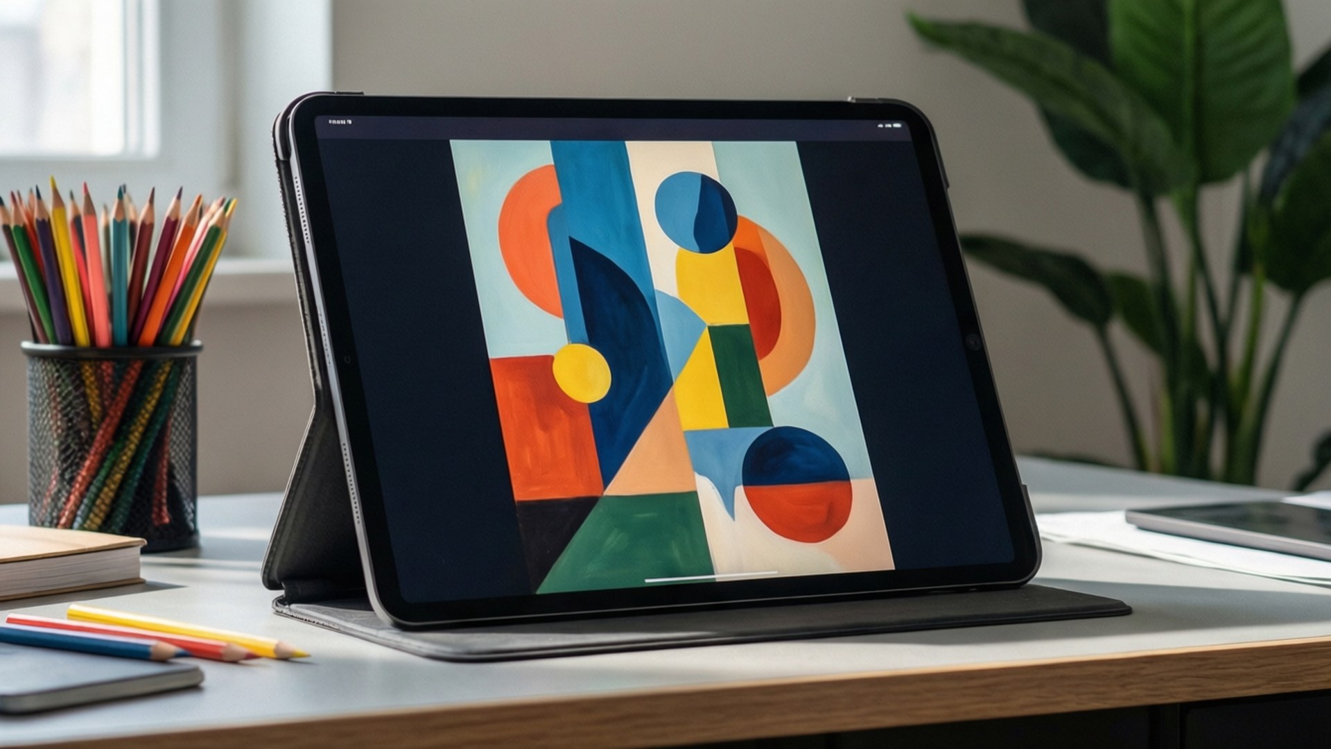 iPad 桌布 壁紙 — 一台平板電腦在整潔的桌子上，旁邊放著彩色鉛筆和一盆綠色植物，顯示著充滿活力的抽象幾何桌布。