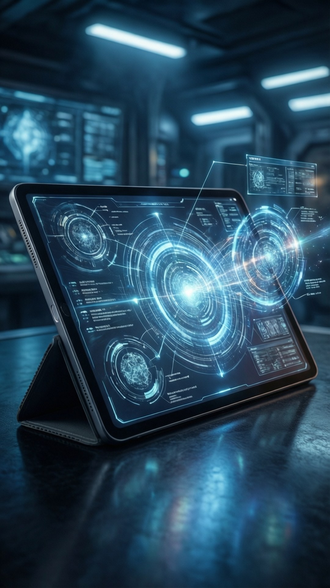 Holographic Interface Tablet 壁紙 — 平板電腦在昏暗的未來感控制室中顯示發光的藍色全息介面，表面具有反射效果。