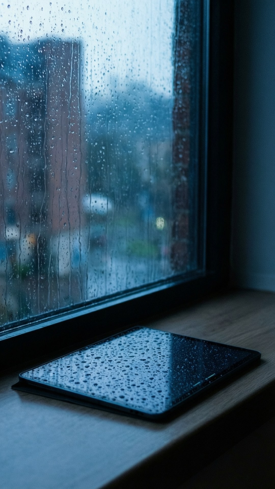 Rainy Window Tablet 壁紙 — 一台平板電腦放在木製窗台上，窗玻璃上有雨痕，顯示模糊的城市建築，色調為冷藍色。