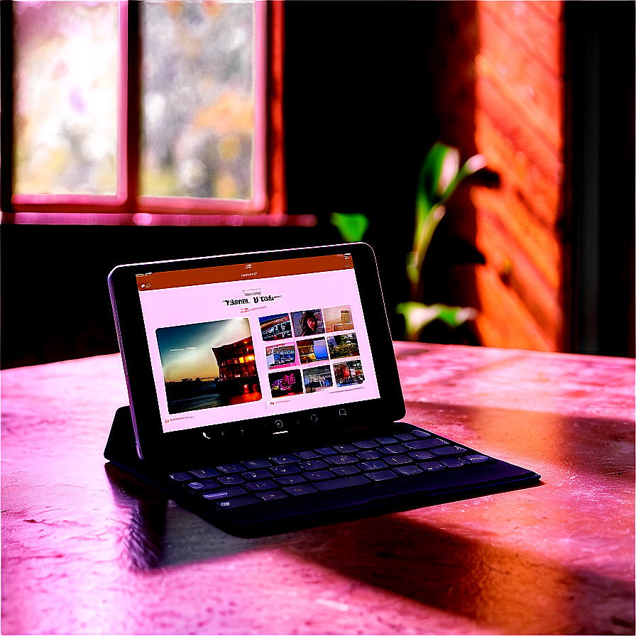 窗邊粉紅色燈光下的木桌上，一台帶鍵盤的平板電腦。 — iPad 壁紙