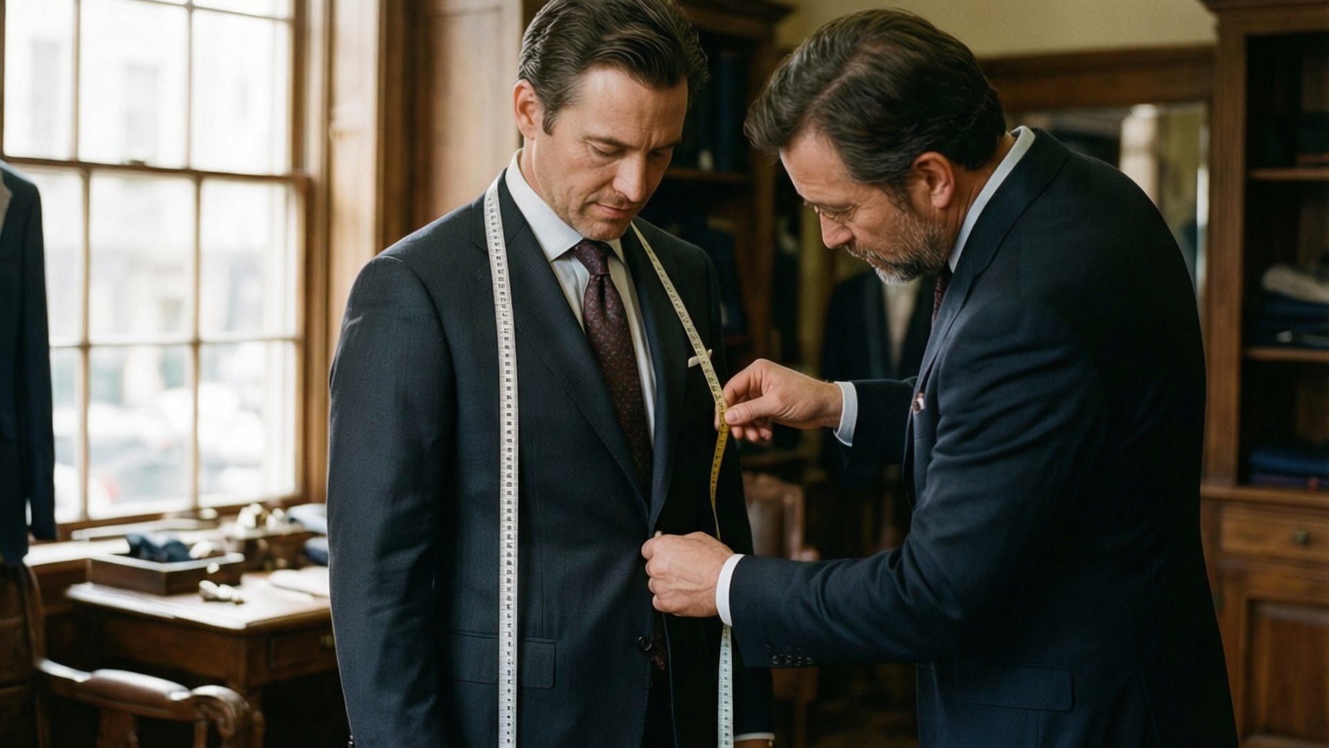 The Measure of Luxury 壁紙 — 一位裁縫在經典的木製試衣間內，仔細地為一位穿著訂製西裝的男士量尺寸，房間有大窗戶。
