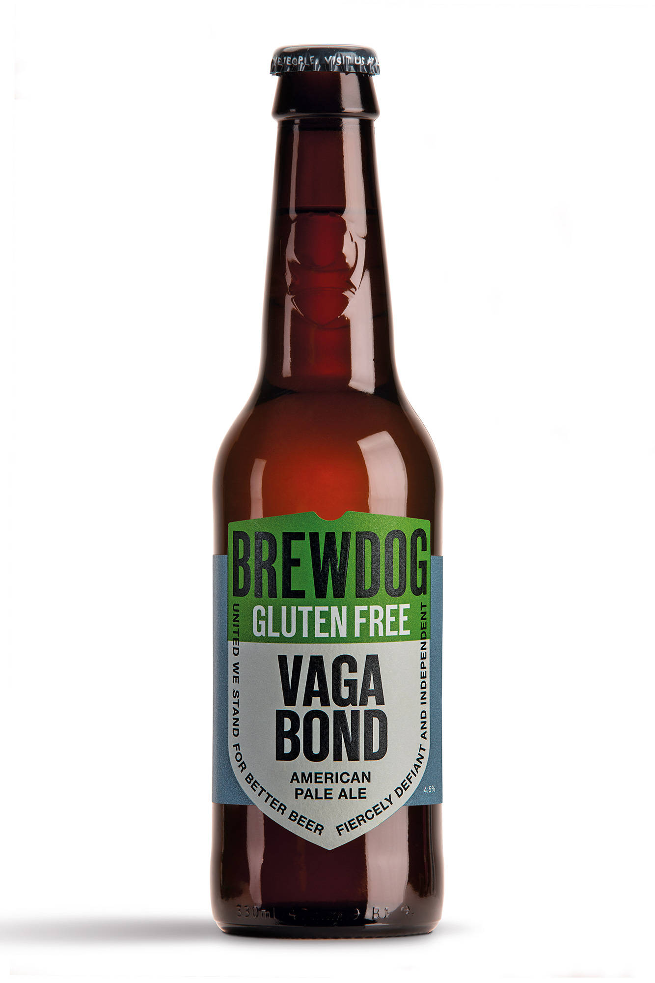 Drink 桌布 壁紙 — BrewDog Vaga Bond 無麩質美國淡色艾爾啤酒的棕色高玻璃瓶，孤立地矗立在純白色背景前。