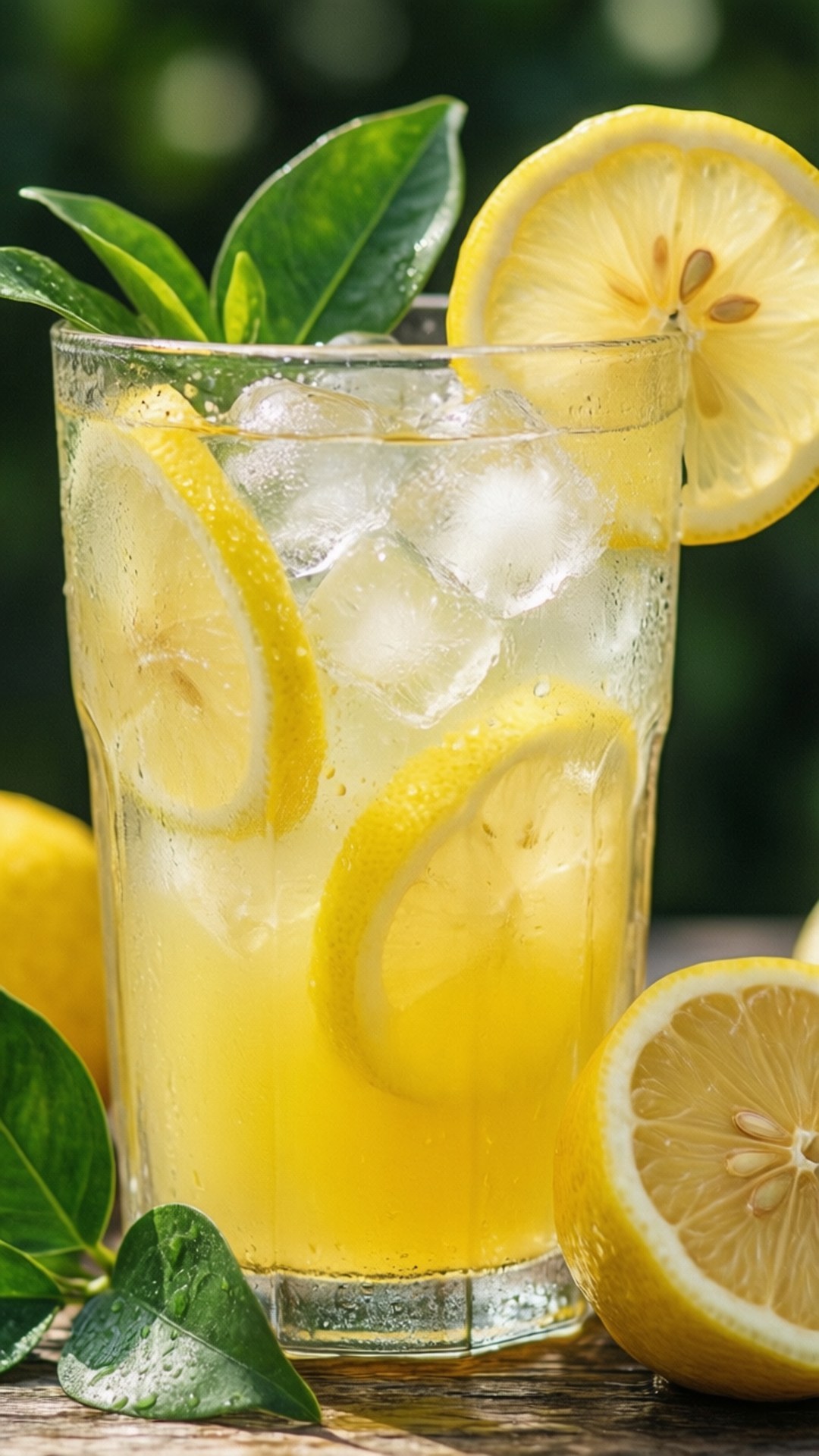 Lemonade Glass 壁紙 — 一個高身玻璃杯裝滿冰檸檬水，飾以檸檬片和新鮮薄荷葉，放在木桌上。