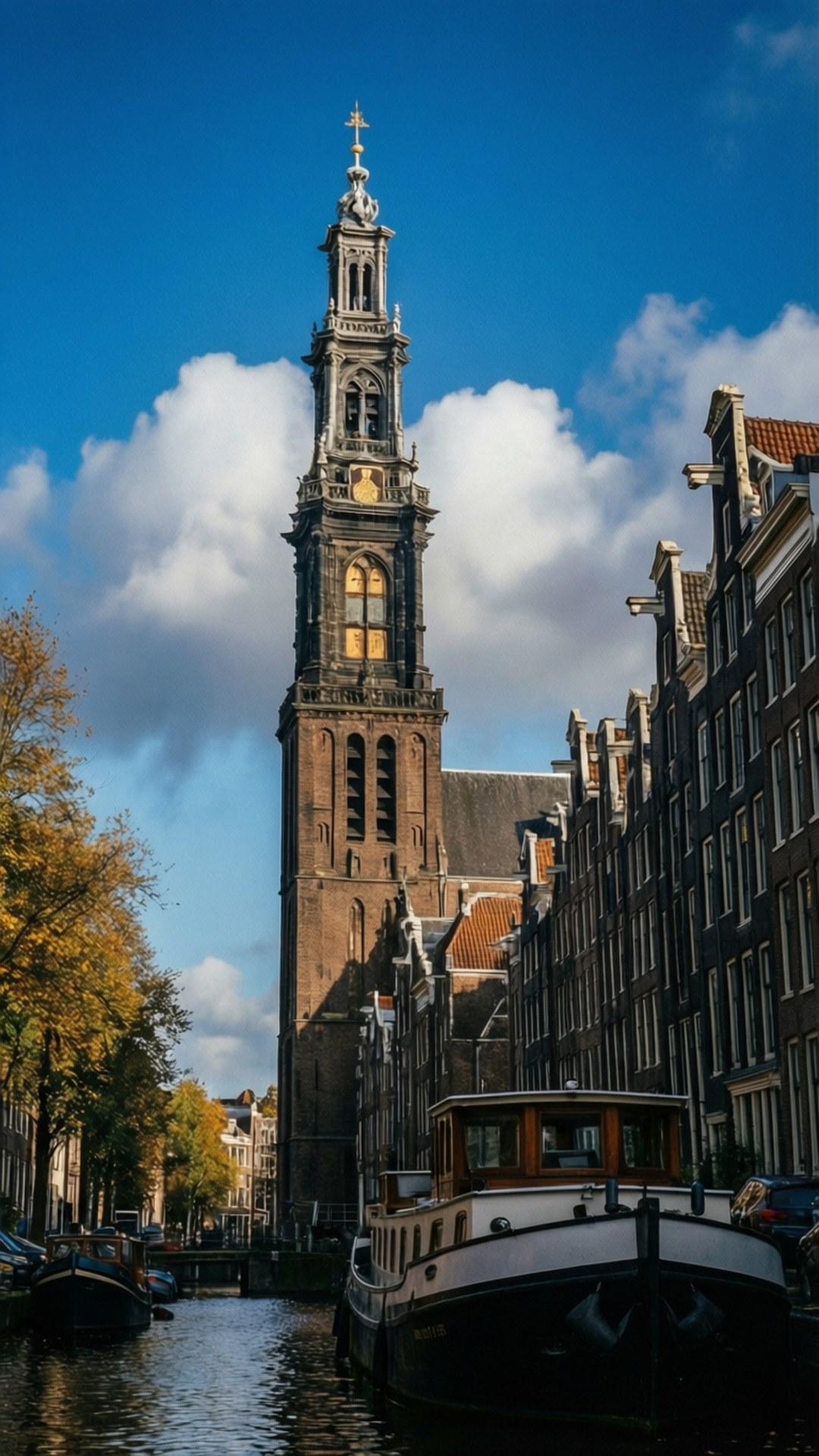 Westerkerk Autumn View 壁紙 — 一座高大的歷史教堂塔樓聳立在運河之上，運河上有船隻和傳統荷蘭建築，天空湛藍，白雲朵朵。