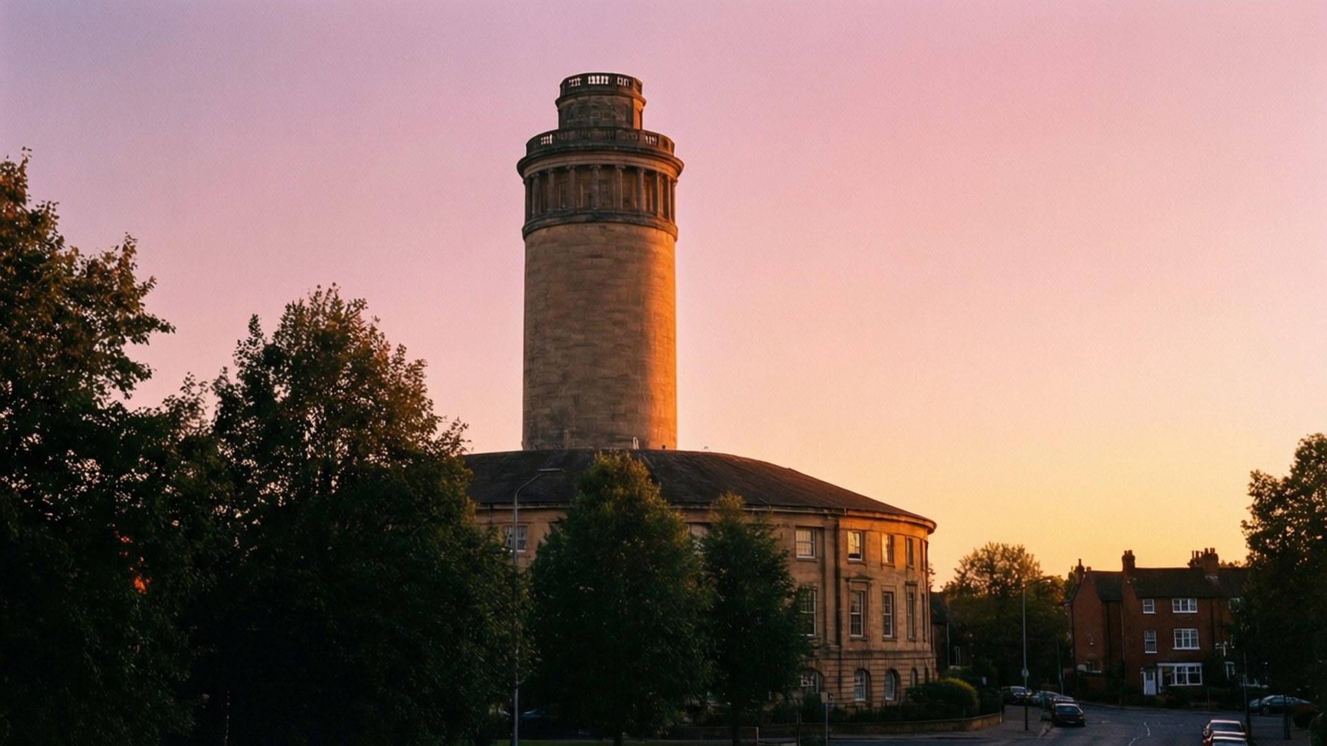 Rotunda Sunrise 壁紙 — 一座高大的石造水塔矗立在歷史建築物頂上，沐浴在金色的夕陽光中，背景是柔和的粉紅色和橙色天空。