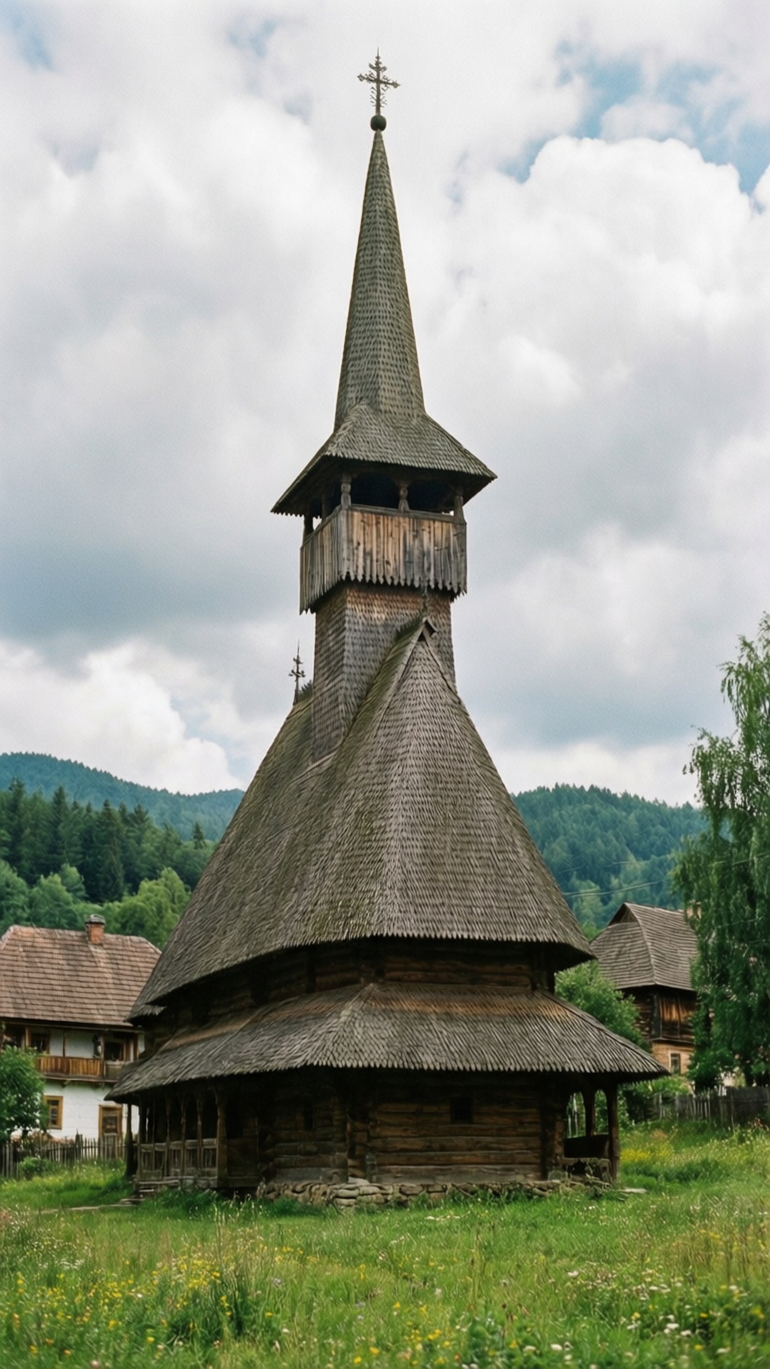 Maramures Wooden Church 壁紙 — 一座高大的木造教堂，擁有陡峭的木瓦屋頂和十字架，矗立在草地上，天空多雲，背景是森林覆蓋的山丘。