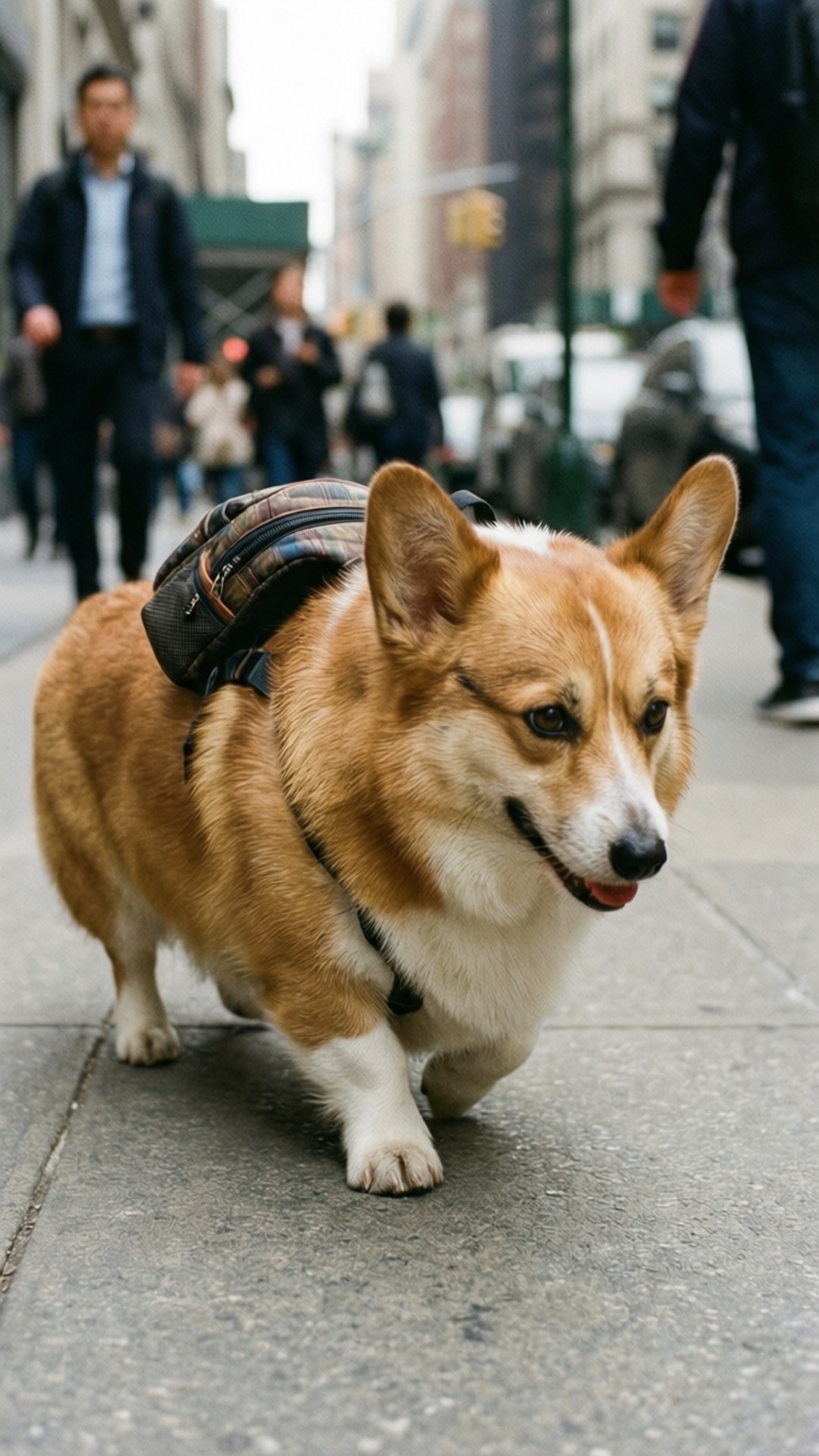 Corgi City Walk 壁紙 — 一隻棕白相間的柯基犬背著一個小背包，自信地走在繁忙的城市人行道上。