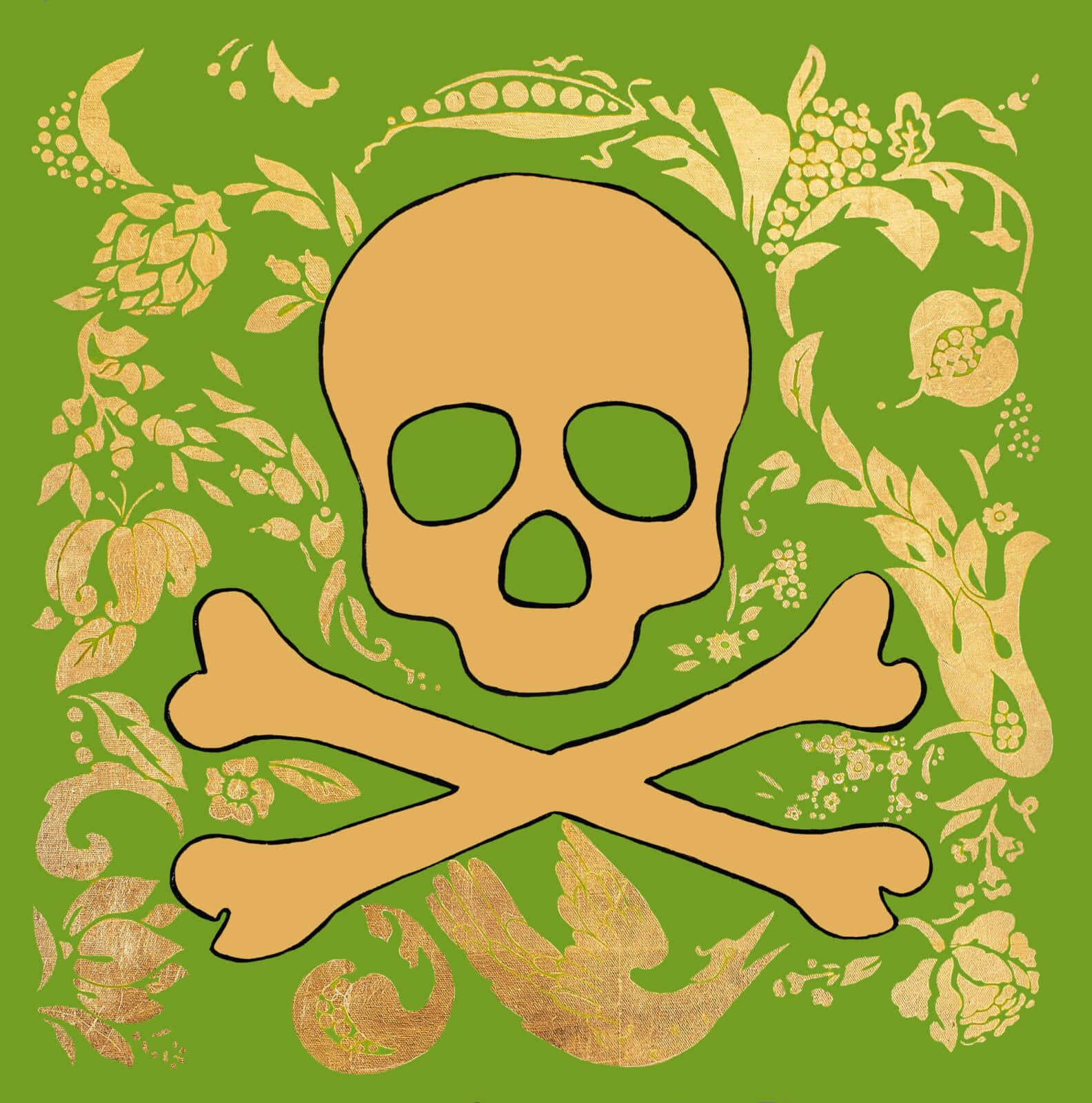  壁紙 — 一個棕褐色骷髏頭和交叉骨頭居中於綠色背景上，周圍環繞著華麗的金色花卉圖案。
