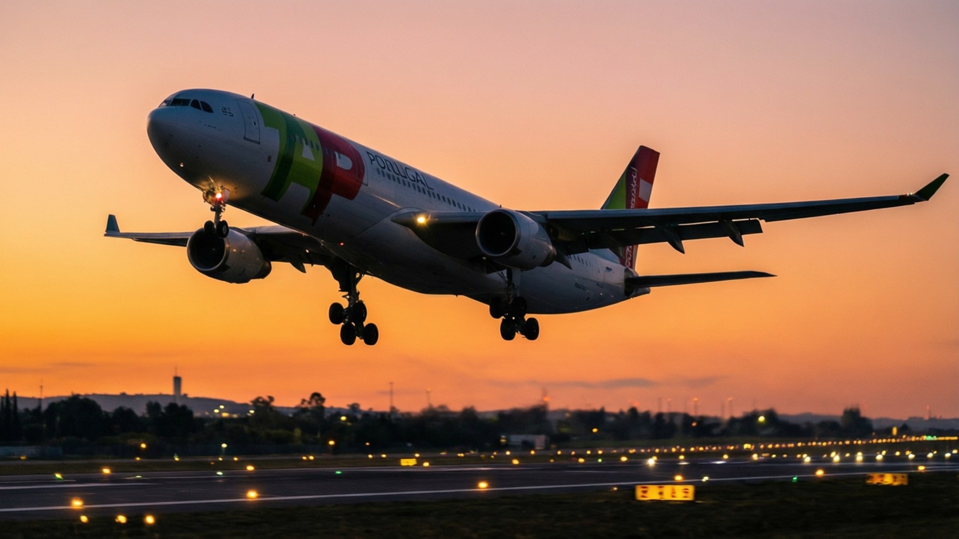Golden Departure Lisbon 壁紙 — 一架TAP葡萄牙航空飛機在日落時分起飛，下方有發光的橙色天空和跑道燈。