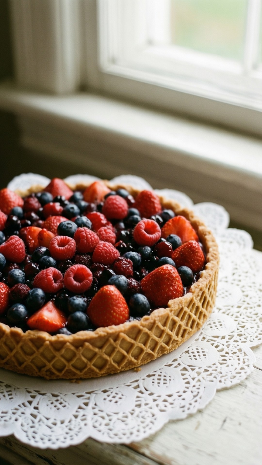 Berry Lattice Tart 壁紙 — 一個放有新鮮草莓、覆盆子和藍莓的塔，放在窗邊的白色蕾絲墊上。