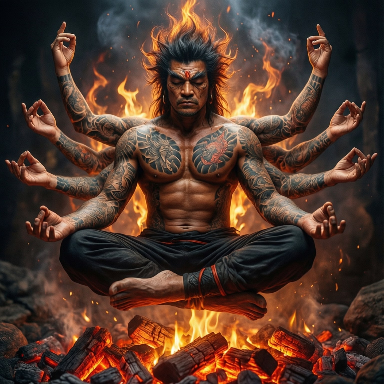 Dhalsim Fire Meditation 壁紙 — 一個紋身多臂男子在咆哮的火焰上方平靜地冥想，火焰從他的頭髮中噴出。