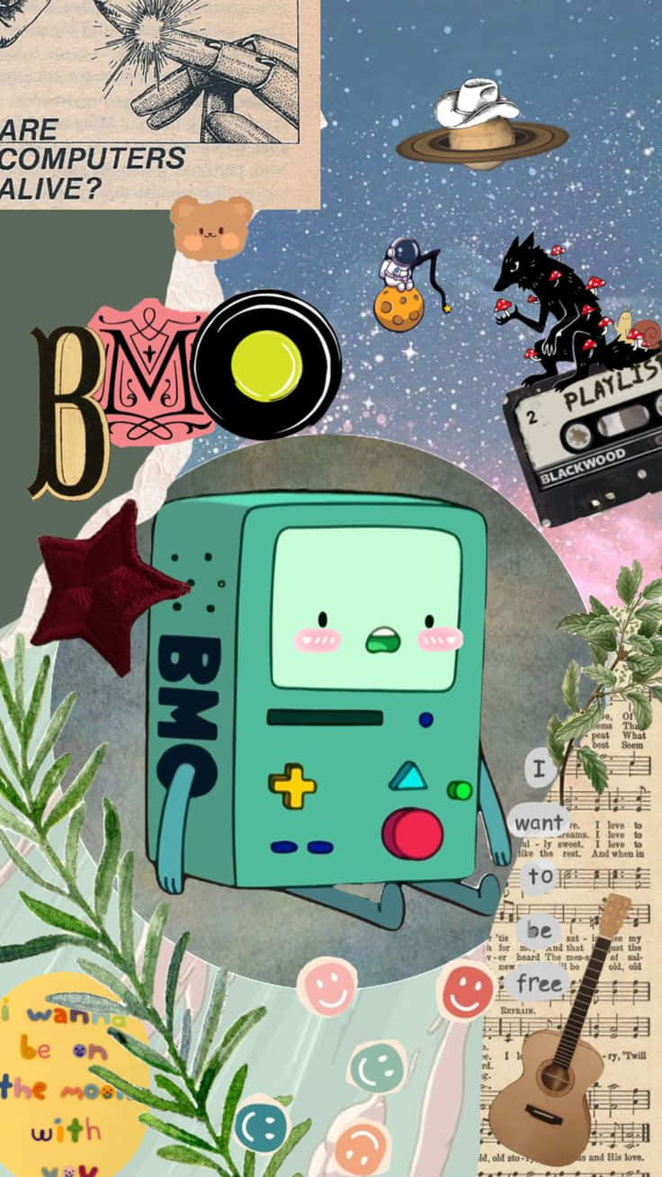  壁紙 — 一個帶有微笑臉孔的青色BMO電子遊戲機，在星空夜空的背景下，漂浮在由卡式錄音帶、植物和奇思妙想的塗鴉組成的宇宙拼貼中。