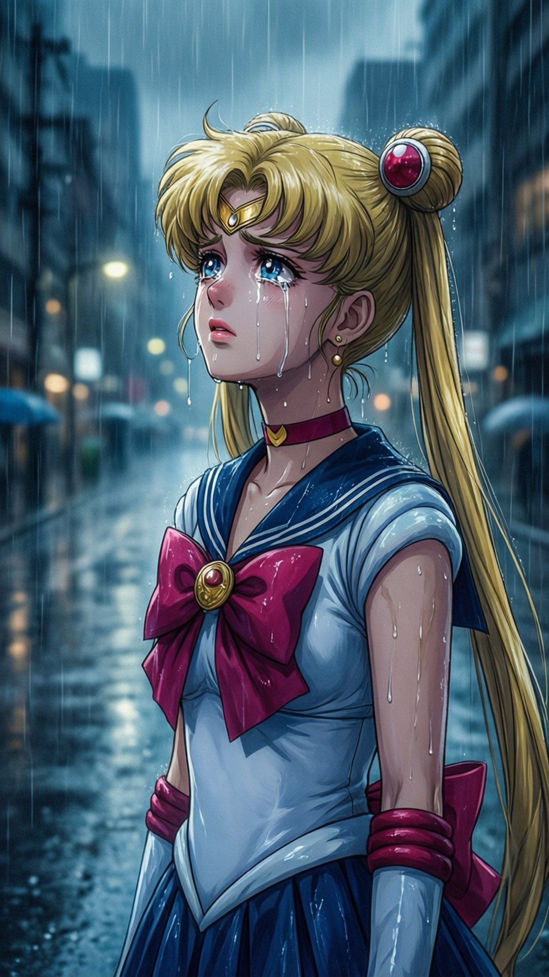 Rainy Day Melancholy 壁紙 — 一個金髮、穿著水手服、淚流滿面的動畫女孩站在下雨的城市街道上，雨滴順著她的臉和衣服流下。
