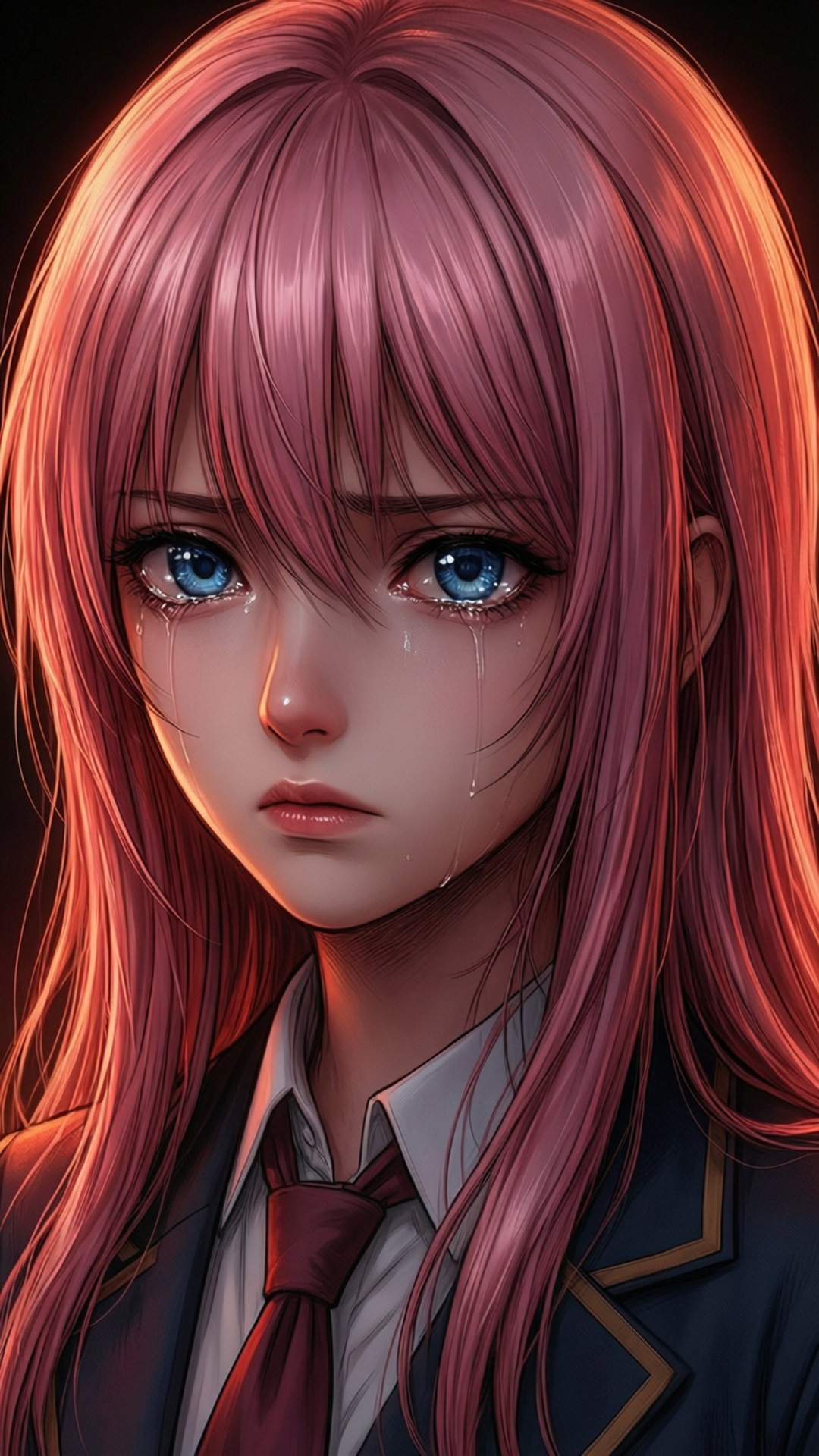 The Quintessential Quintuplets 桌布 壁紙 — 一個淚眼汪汪的動漫女孩，粉紅色頭髮和藍色眼睛，穿著校服，在溫暖發光的光線下。