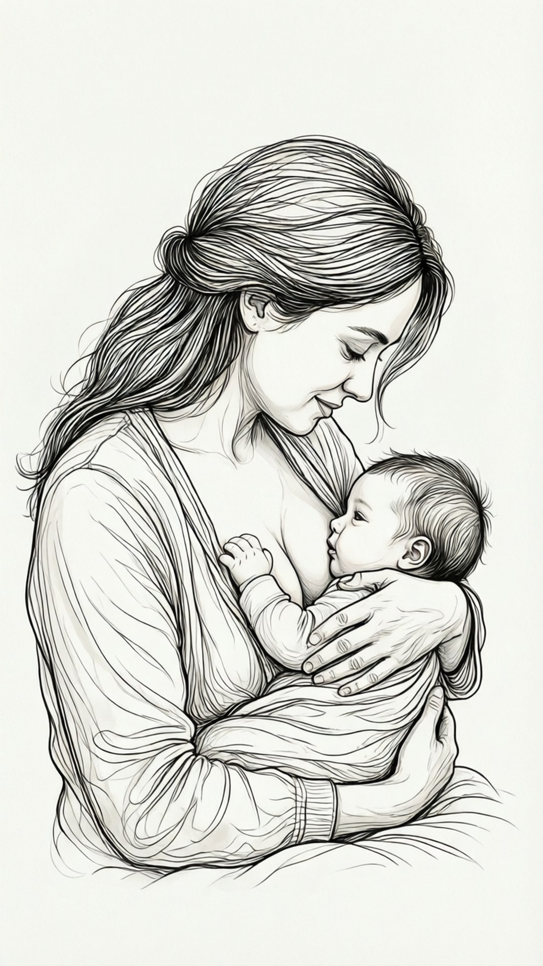mama 桌布 壁紙 — 一幅溫柔的黑白線條畫，描繪母親輕柔地餵哺新生嬰兒，頭髮柔軟飄逸。