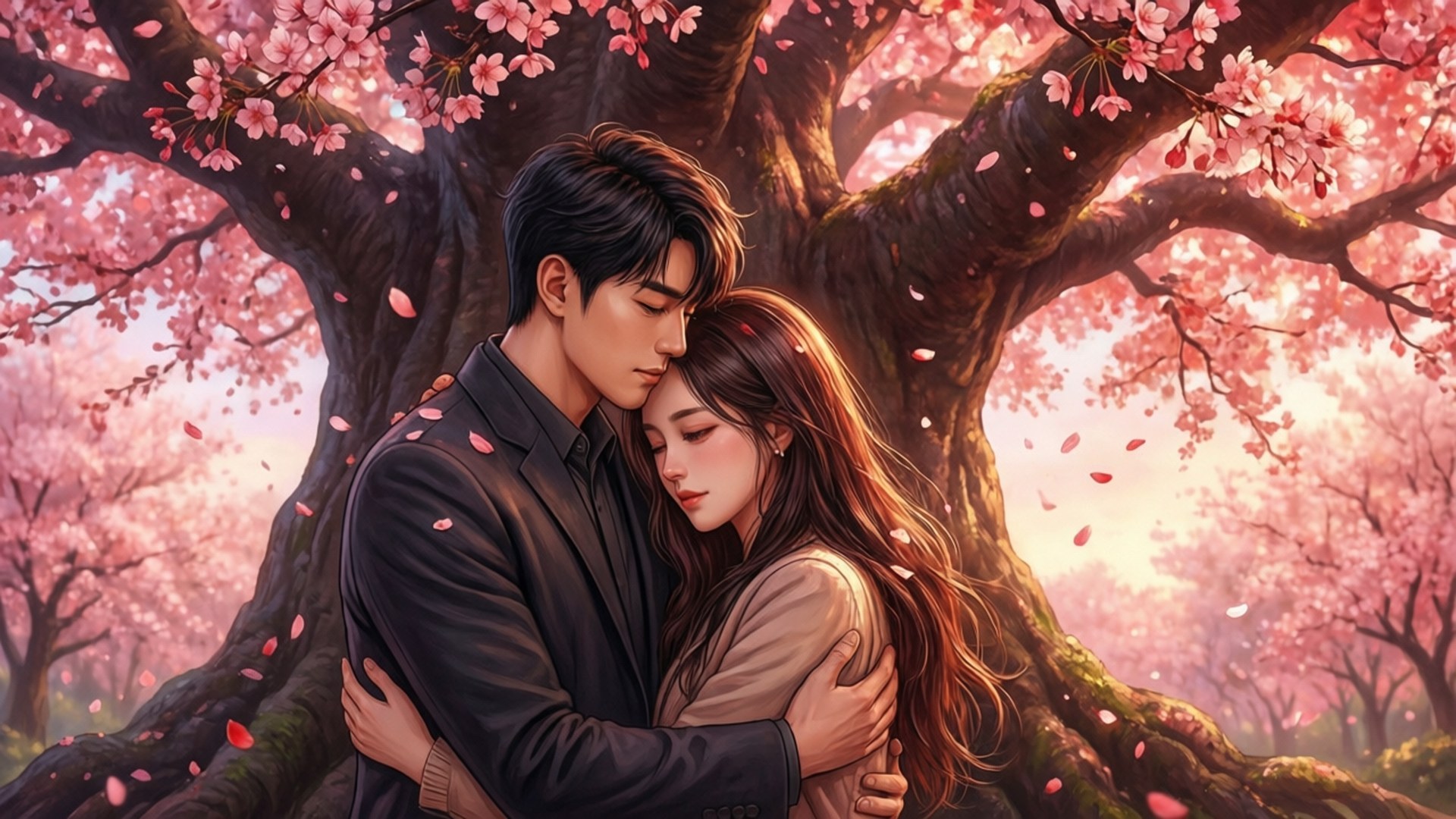 Cherry Blossom Embrace 壁紙 — 一對溫柔的情侶在盛開的櫻花樹下擁抱，粉紅色的花瓣在柔和的金色光芒中飄舞。