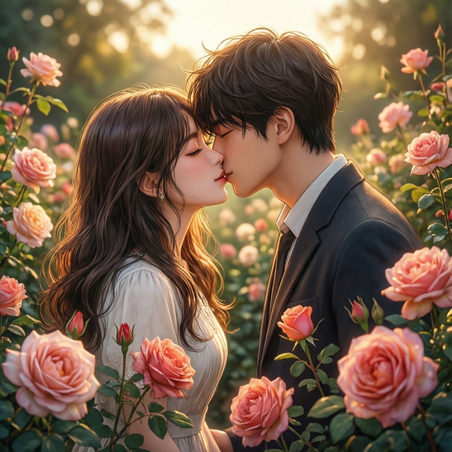Garden Forehead Kiss 壁紙 — 一對溫柔的情侶在陽光明媚、盛開粉紅玫瑰的田野中親吻，背景是金色的逆光。