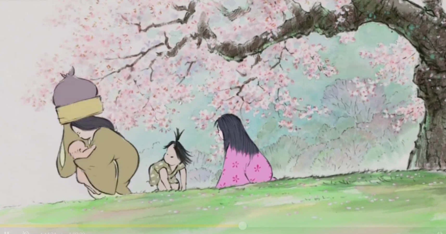 The Tale Of The Princess Kaguya 桌布 壁紙 — 一幅溫柔的水彩畫，描繪春天櫻花樹下三位女士和一個嬰兒。