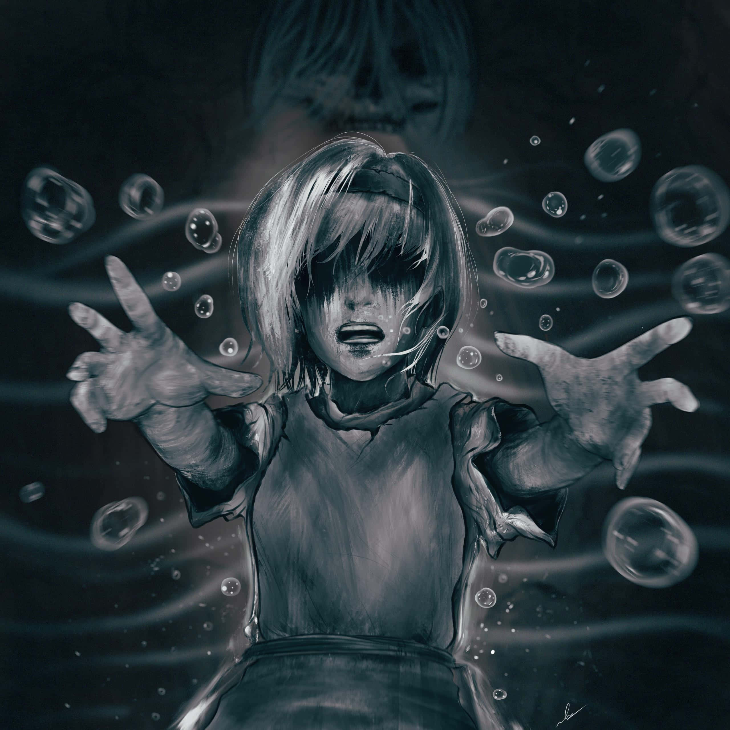 Ymir 桌布 壁紙 — 一個短髮的恐怖動畫女孩在黑暗的水景中尖叫，氣泡在她周圍漂浮，背後有一個幽靈般的臉孔若隱若現。