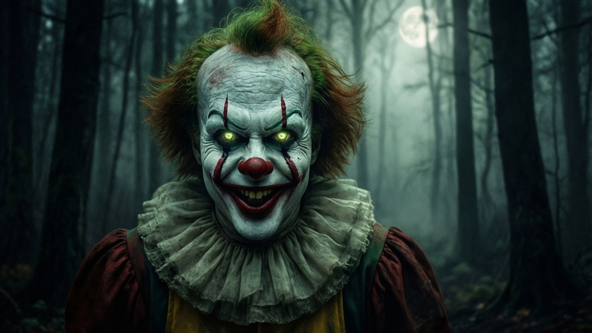 Clown in Dark Forest 壁紙 — 一個可怕的小丑，有著發光的黃色眼睛和寬闊的笑容，站在霧氣瀰漫的月光森林中。