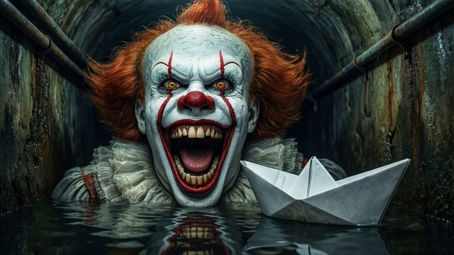 Pennywise Feeds 壁紙 — 一個可怕的紅髮白臉小丑從生鏽隧道的黑暗水中出現，手持紙船。