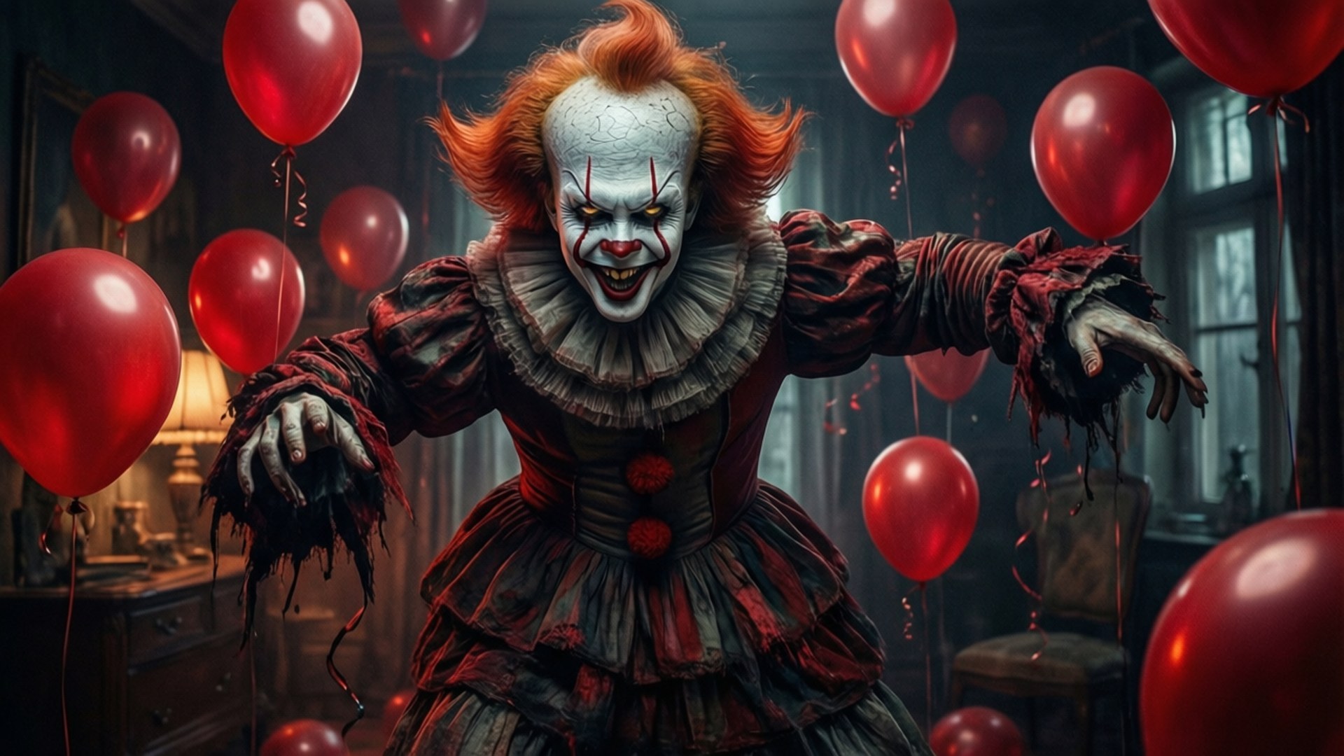Pennywise Dance 壁紙 — 一個可怕的紅髮白臉小丑，在昏暗的房間裡被漂浮的紅色氣球包圍。