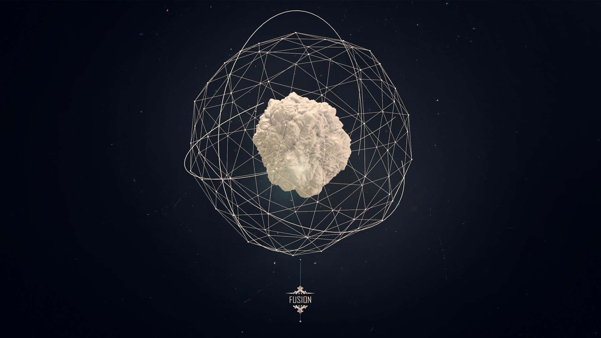 Minimalist Geometric 桌布 壁紙 — 一個紋理白色雲朵懸浮在發光幾何線框球體內，背景是星空黑暗。