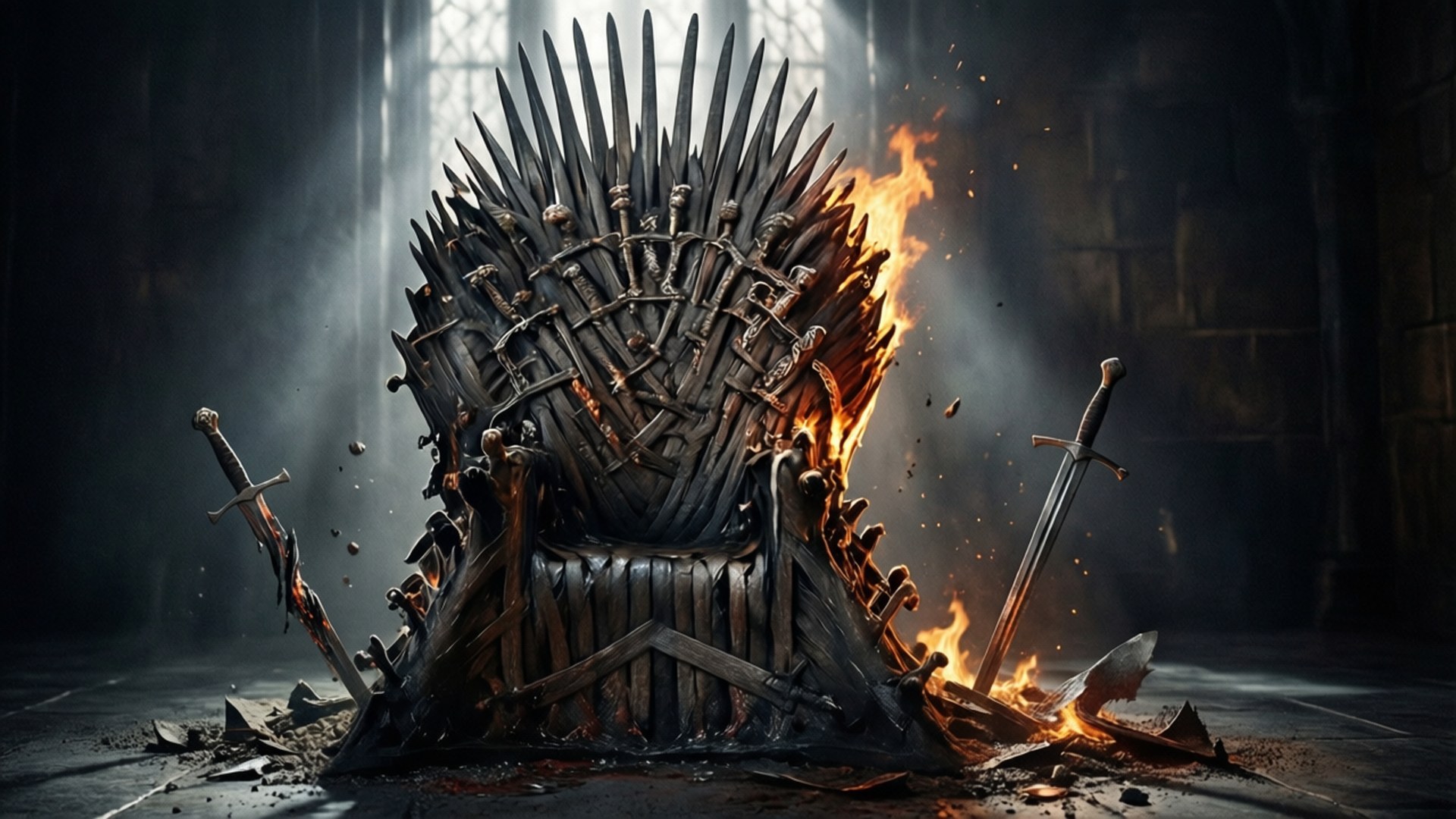 Melted Iron Throne 壁紙 — 由劍鑄成的王座在黑暗的石廳中猛烈燃燒，光束穿透煙霧。