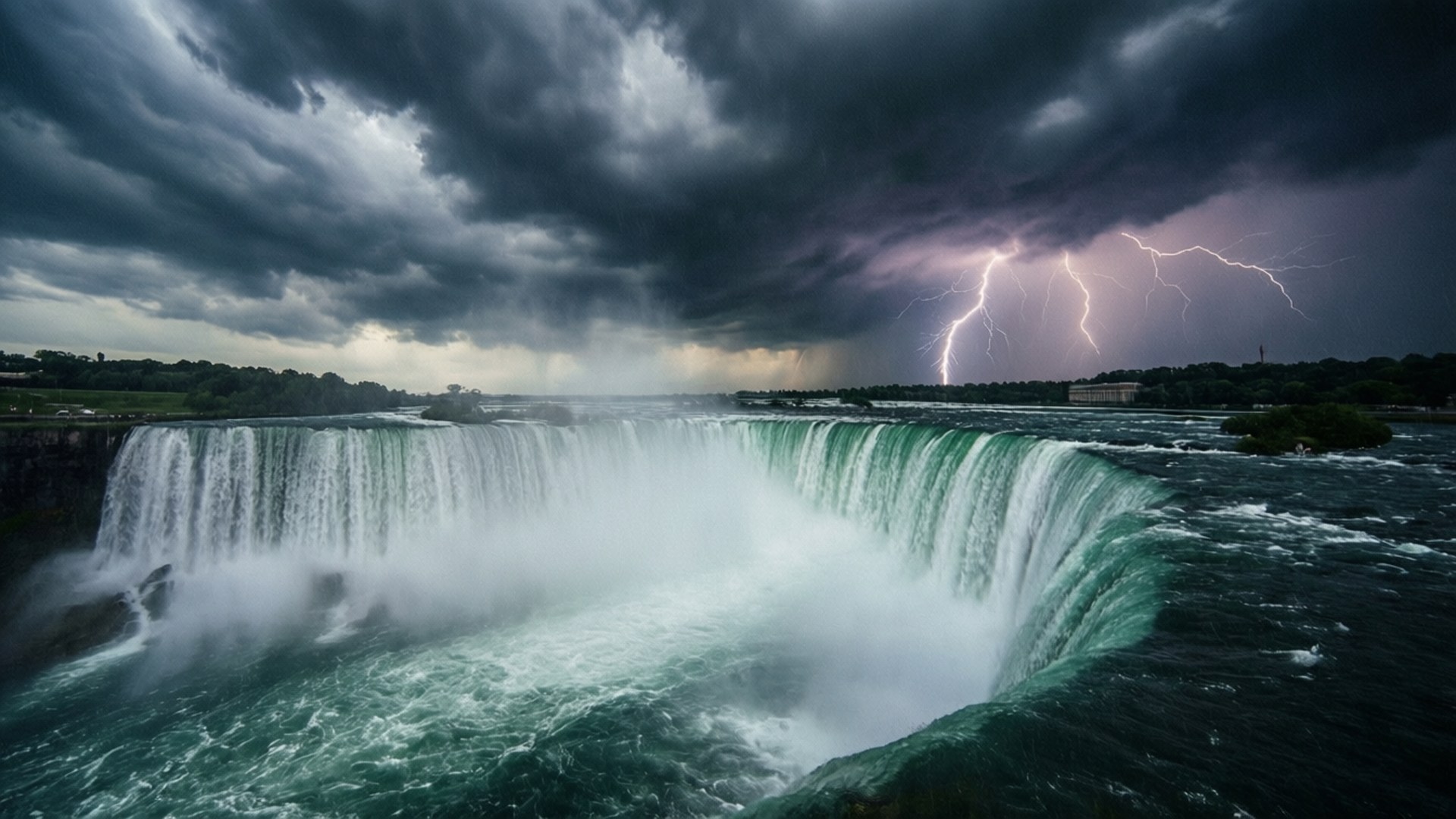 Storm Over Niagara 壁紙 — 雷鳴般的瀑布在暴風雨的天空下傾瀉而下，生動的閃電照亮了洶湧的水面。