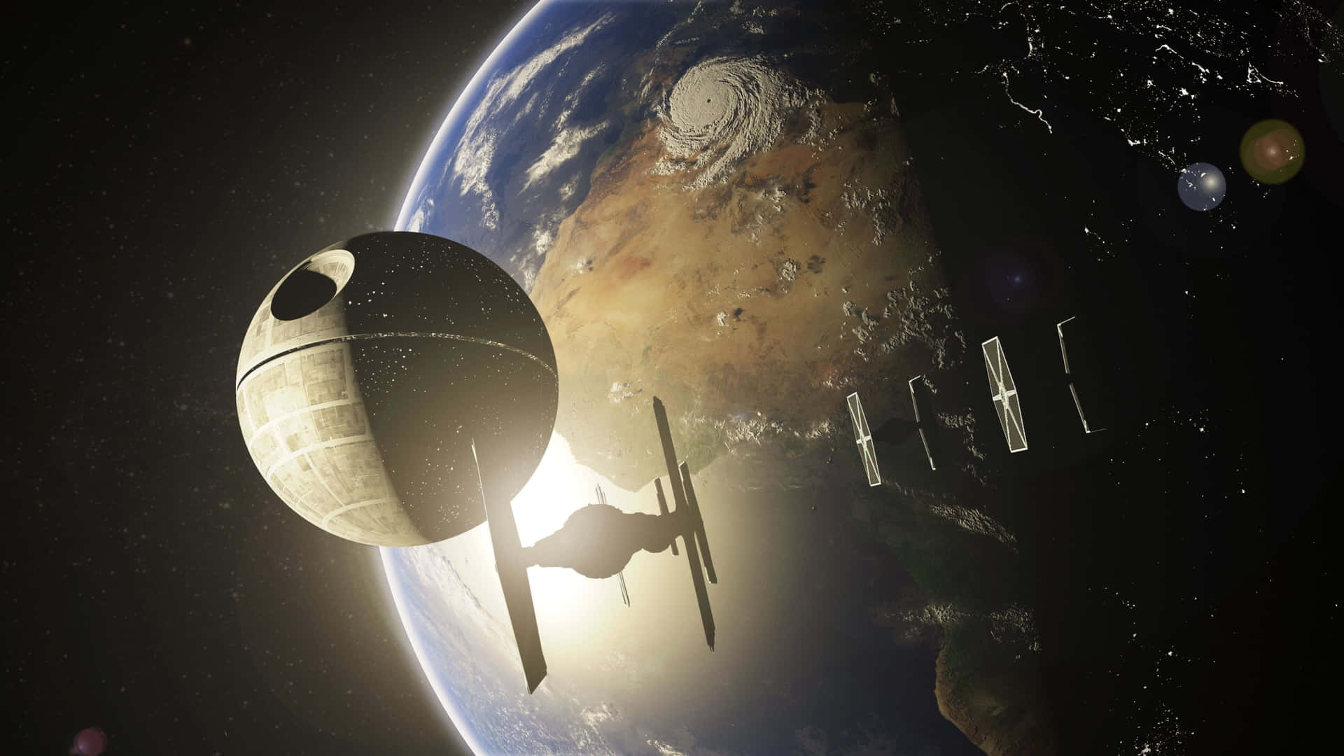  壁紙 — 一架TIE戰機飛越死星，背景是地球，星空下。