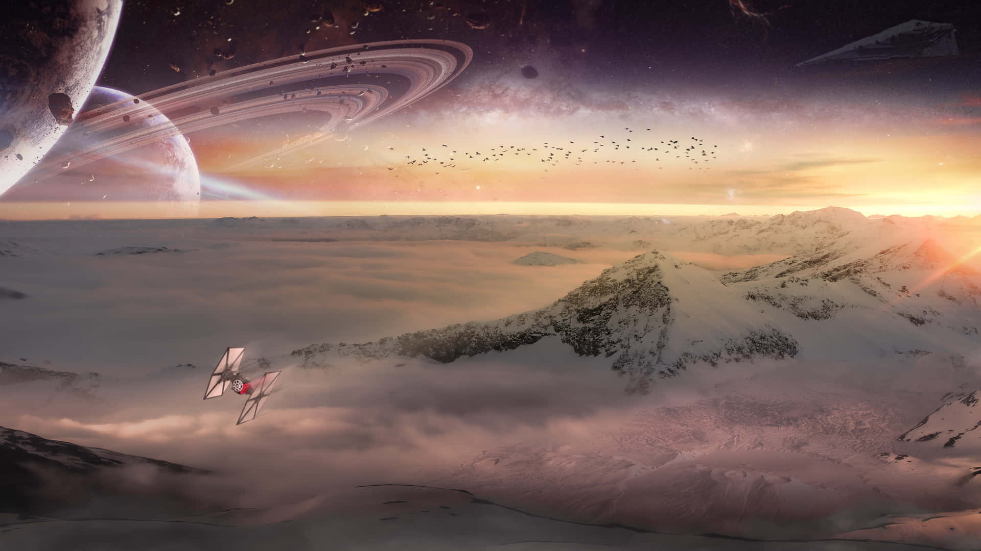  壁紙 — 一架TIE戰機在夕陽下，於有環行星和星空的宇宙天空下，翱翔於積雪的山峰之上。