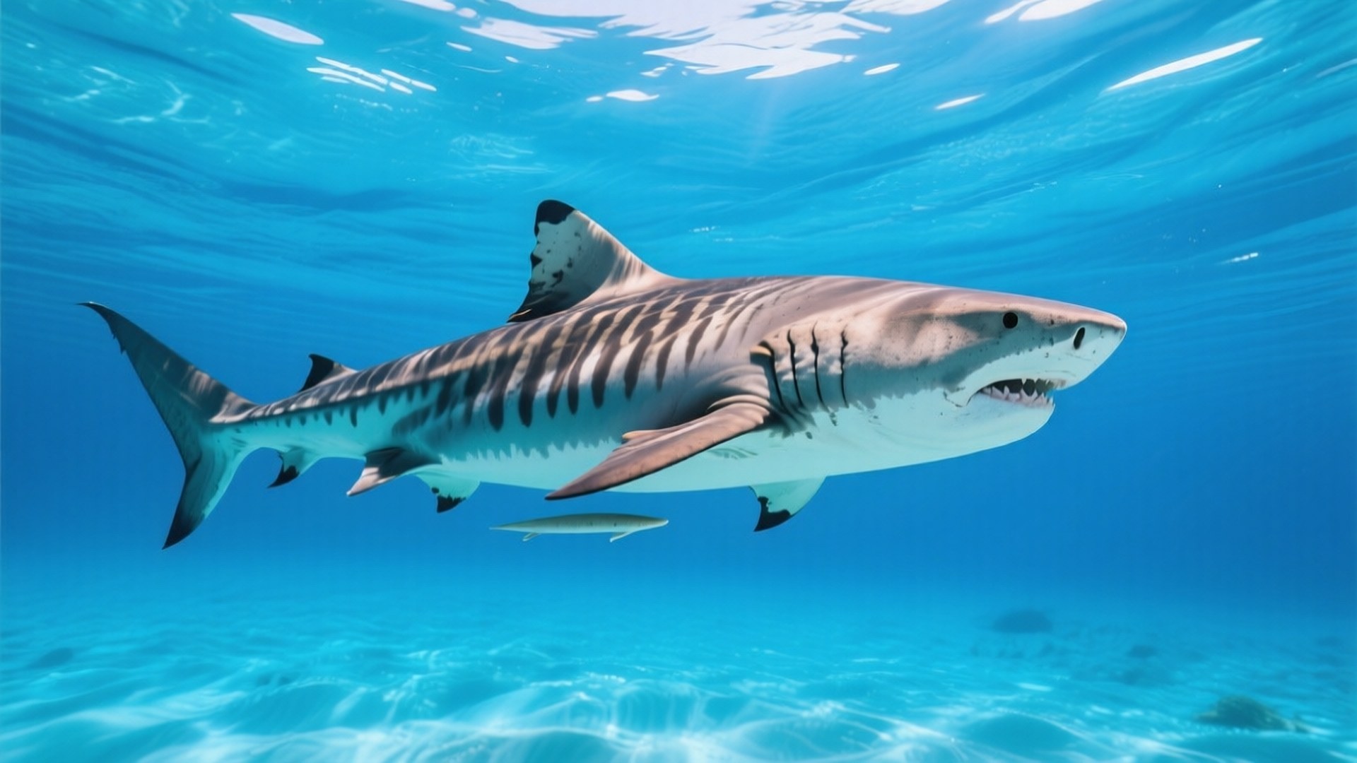Tiger Shark Below 壁紙 — 一條虎鯊在清澈的碧綠海水中滑行，陽光從上方穿透。