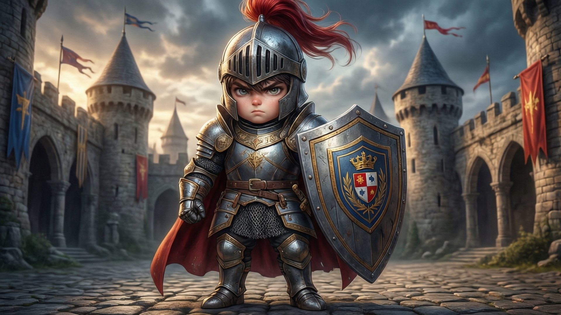 Chibi Knight 壁紙 — 一個紅髮的小型裝甲騎士莊嚴地站在石城堡前，天空多雲，手持帶有皇家紋章的盾牌。