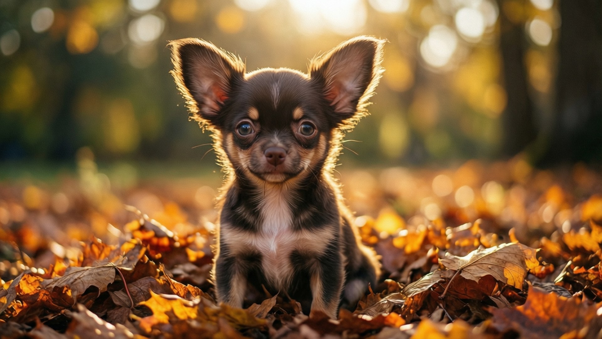 Autumn Chihuahua Puppy 壁紙 — 一隻細小的黑色和棕褐色吉娃娃小狗在金色秋葉中警覺地坐著，背後有陽光照射。