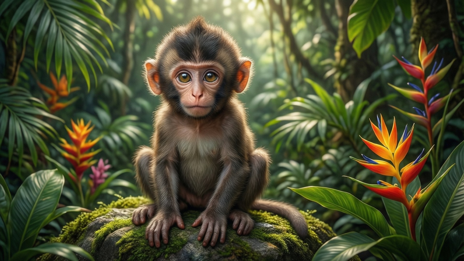 Baby Monkey in Jungle 壁紙 — 一隻細小的棕色猴子警覺地坐在長滿苔蘚的石頭上，周圍是充滿活力的熱帶花卉和茂密的綠色叢林葉子。