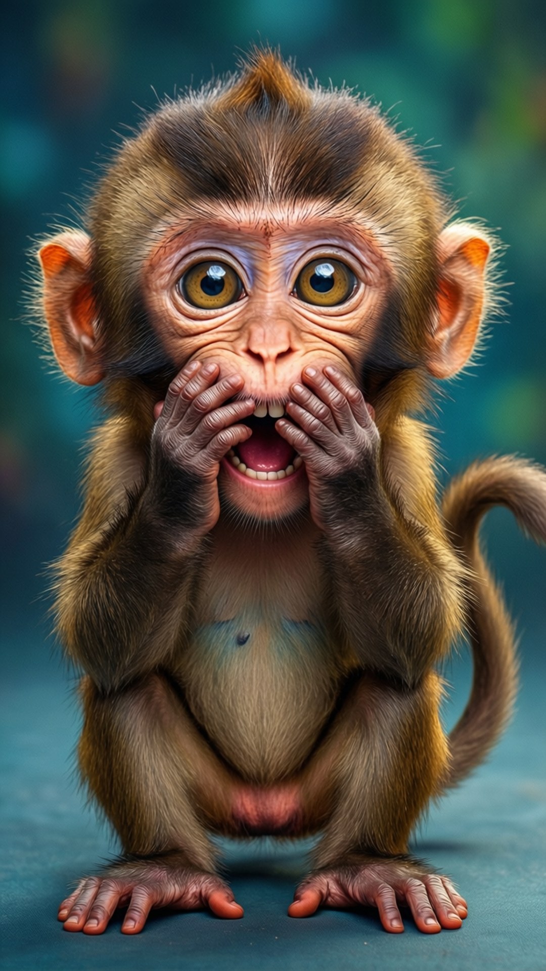Laughing Monkey 壁紙 — 一隻細小的棕色猴子，睜大眼睛，表情驚訝，用雙手捂住嘴巴，背景是模糊的藍綠色。