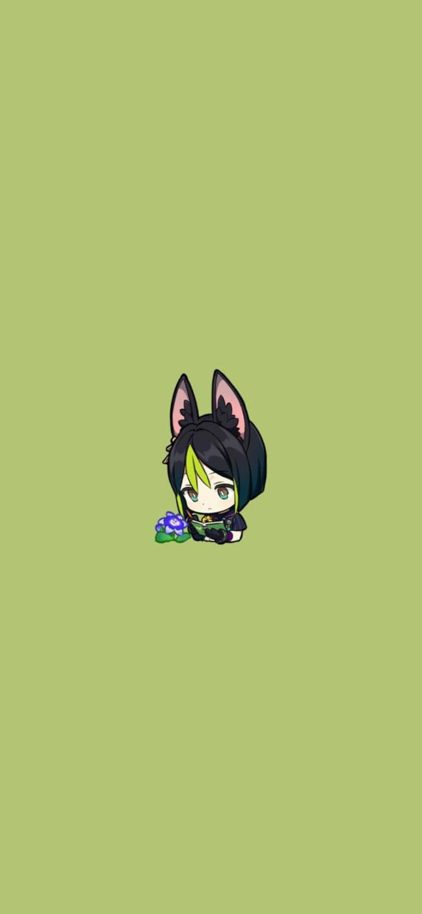 壁紙 — 一個細小的chibi動漫女孩，有黑色和綠色頭髮以及貓耳朵，在純橄欖綠色背景前拿著一朵紫色花。