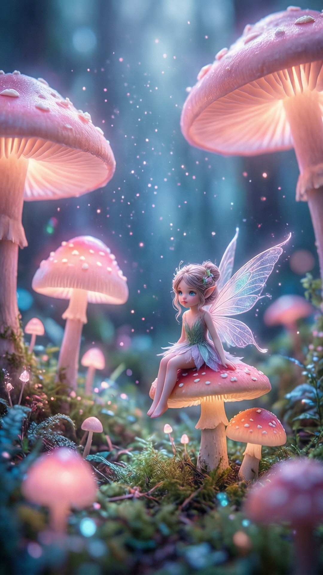 Fairy on Mushroom 壁紙 — 一個帶有半透明翅膀的小仙子優雅地坐在發光的粉紅色蘑菇上，身處一個沐浴在柔和藍色和粉紅色光線中的神秘森林。