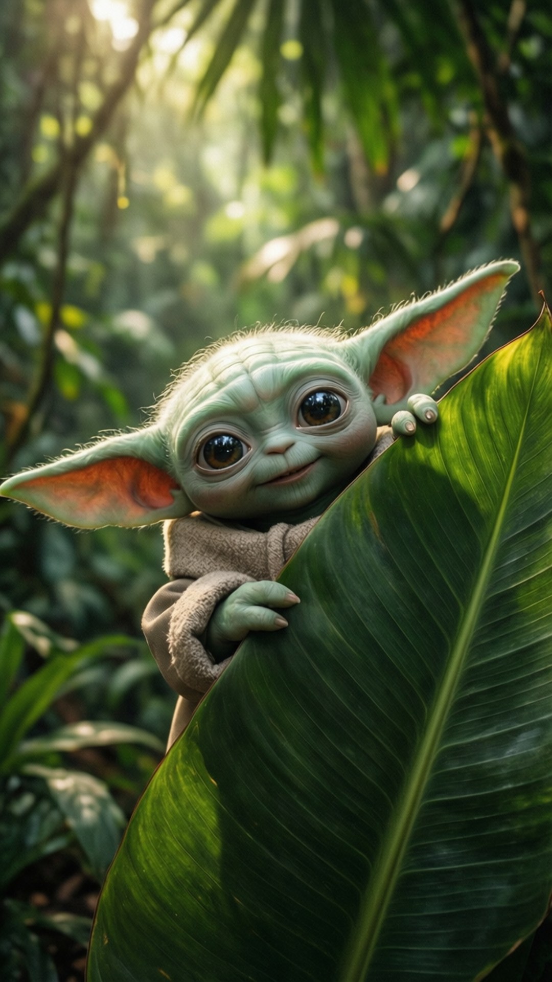Peek-a-Boo Baby Yoda 壁紙 — 一個小小的綠色外星人，有大耳朵，在陽光明媚的叢林中，從一片巨大的葉子後面頑皮地偷看。