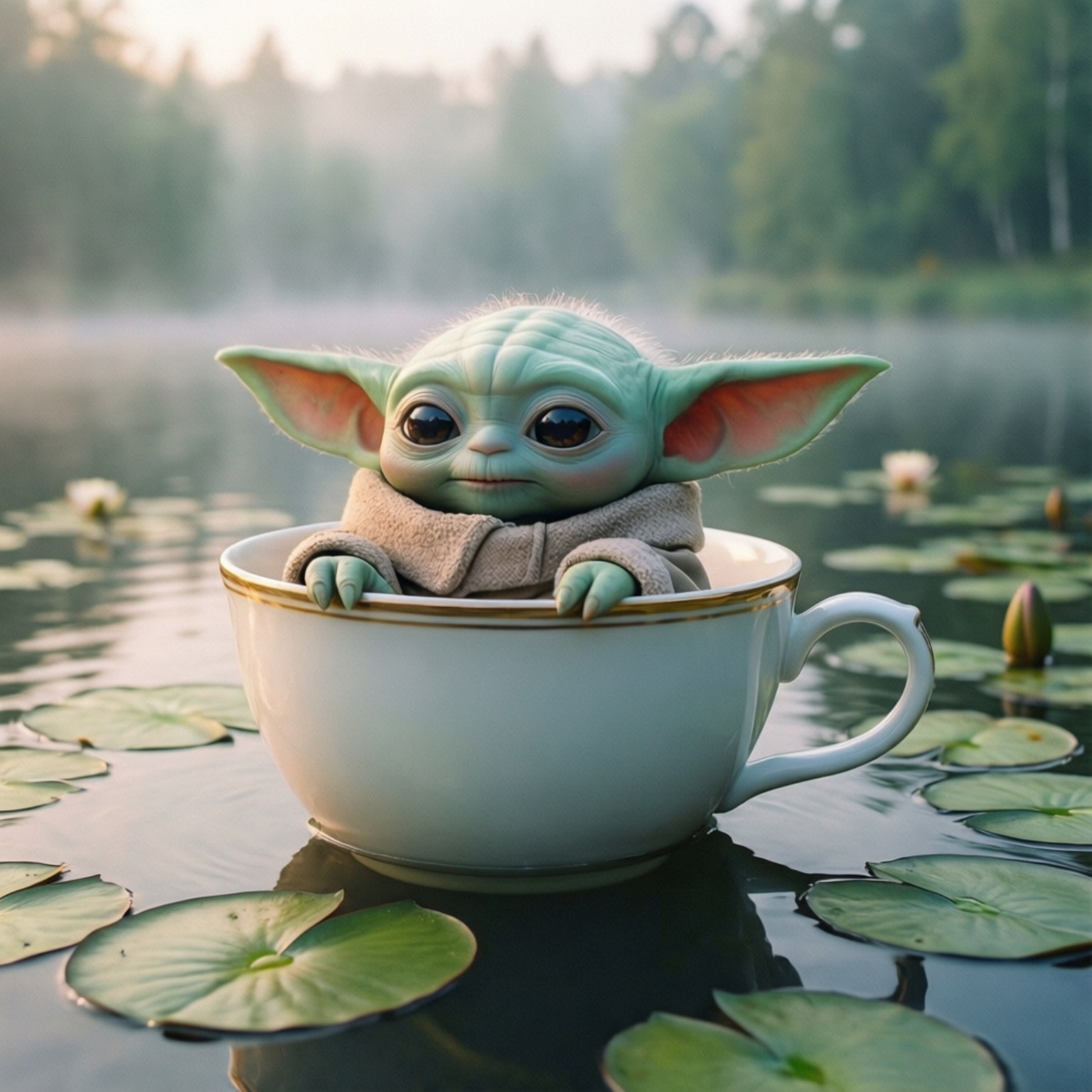 Teacup Float Baby Yoda 壁紙 — 一個細小的綠色 baby yoda 平靜地坐在一個白色茶杯中，漂浮在一個被睡蓮包圍的霧氣池塘上。