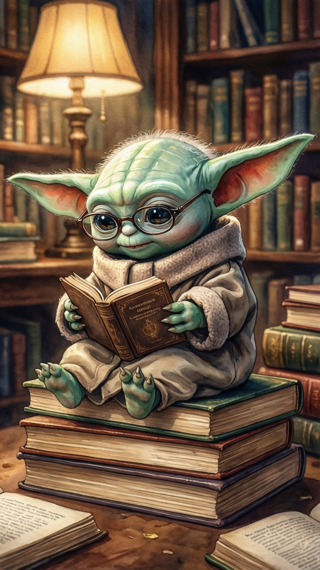 Baby Yoda the Reader 壁紙 — 一個戴眼鏡的綠色小尤達坐在書堆上，在燈光溫暖的圖書館裡閱讀一本皮面書。