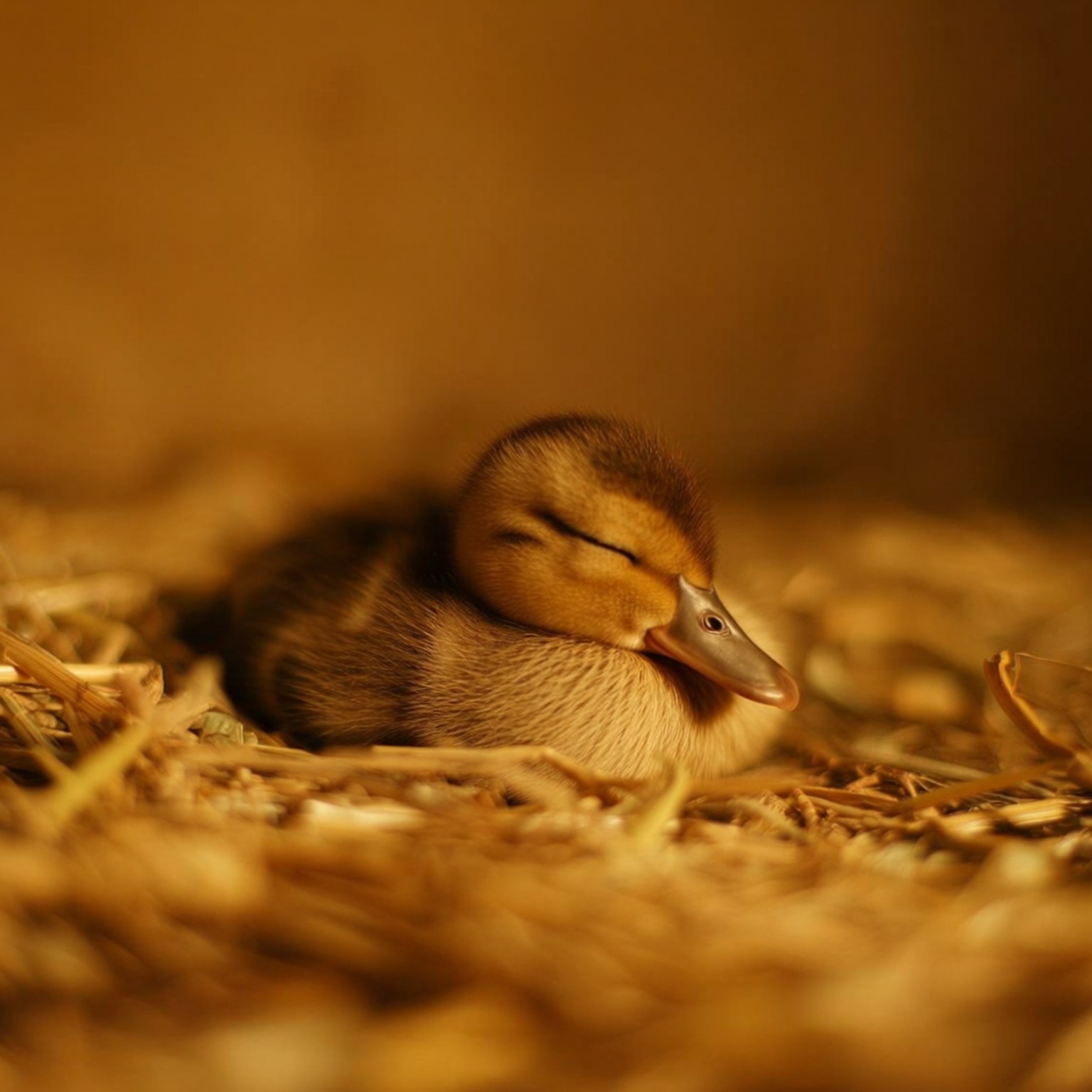 Sleeping Straw Duckling 壁紙 — 一隻細小的睡著的小鴨蜷縮在一個被溫暖金色光芒沐浴的稻草巢中。