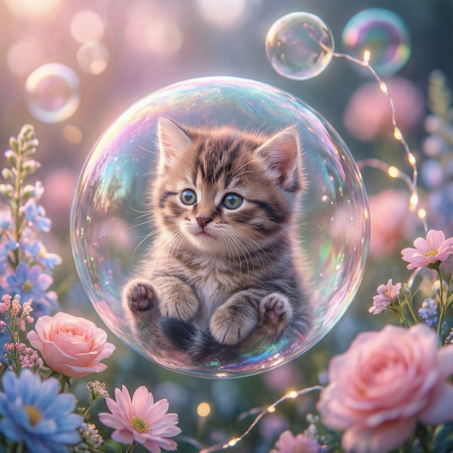 Bubbles and Kitten 壁紙 — 一隻小虎斑貓坐在一個巨大的彩虹色泡泡中，漂浮在粉紅玫瑰和仙女燈之間，在一個夢幻花園裡。
