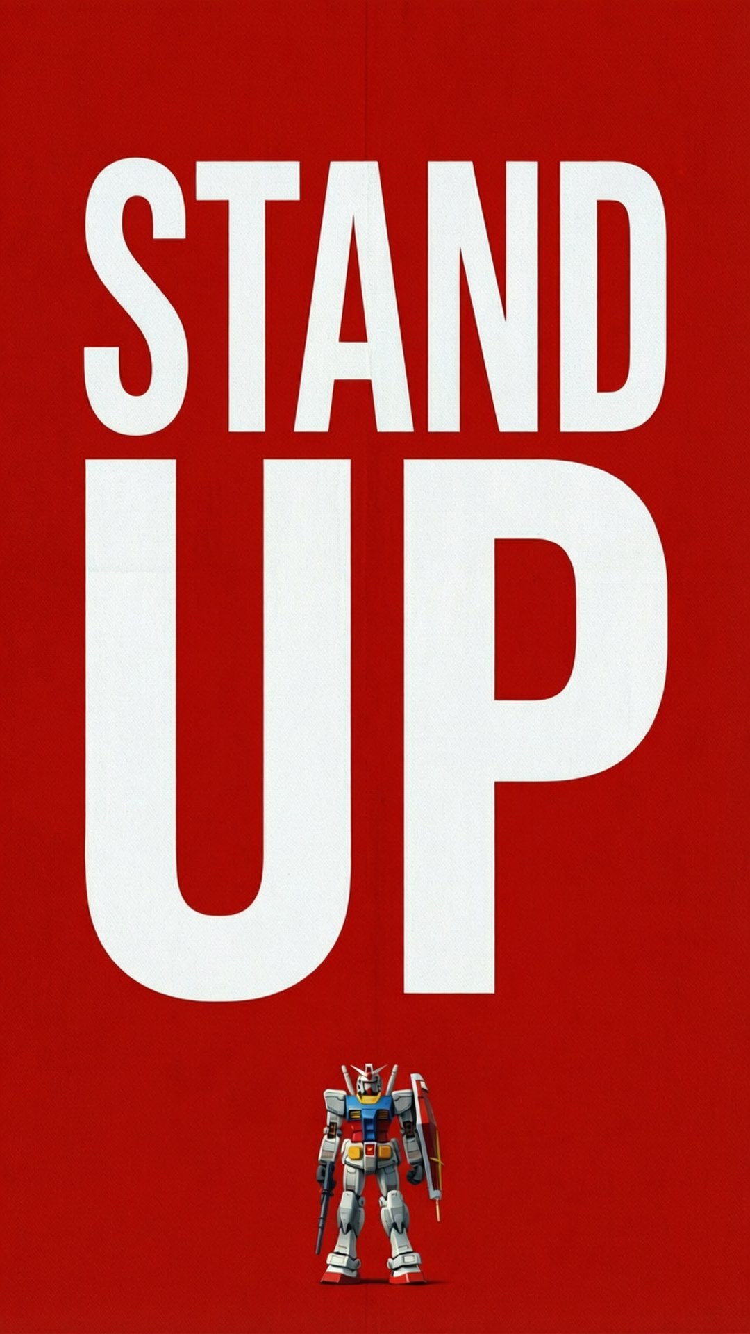 Stand Up Gundam 壁紙 — 一個細小的白色、紅色和藍色鋼彈站在一個純紅色背景上，下方有巨大的白色文字「STAND UP」。