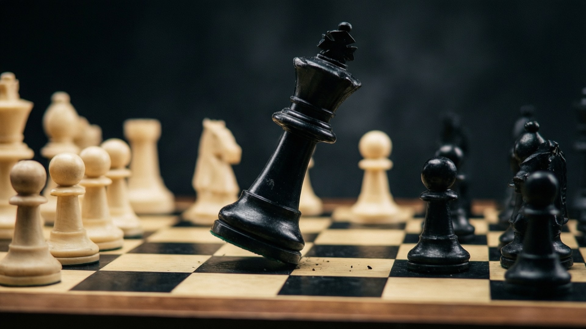 桌布 壁紙 — 一個倒下的黑色國王棋子在木製棋盤上側躺，被對手的白色棋子包圍。