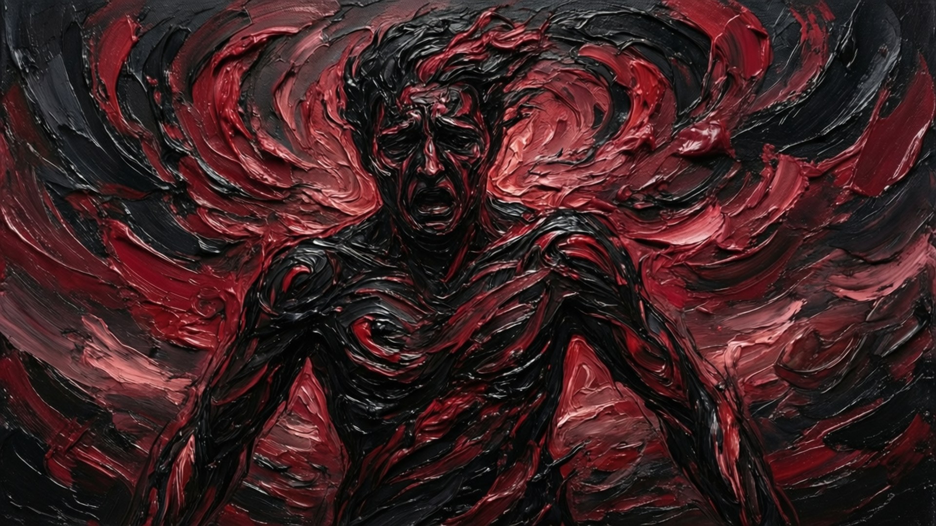 Anguish 桌布 壁紙 — 一個受折磨的身影，帶著尖叫的臉孔和旋轉的紅黑顏料，以厚重的厚塗筆觸散發出原始的苦痛。