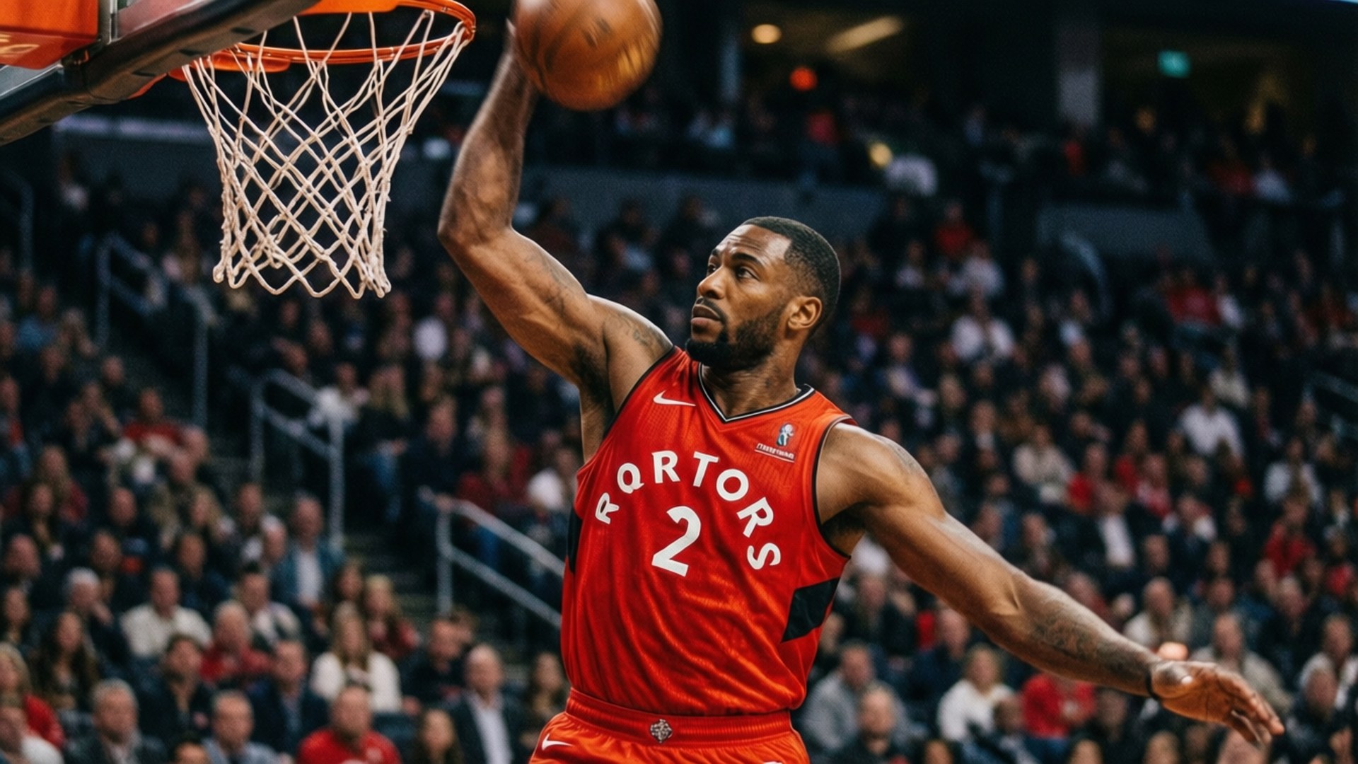 Raptors Lay-up Edge 壁紙 — 一位身穿紅色球衣的多倫多暴龍隊球員在人群背景下灌籃。