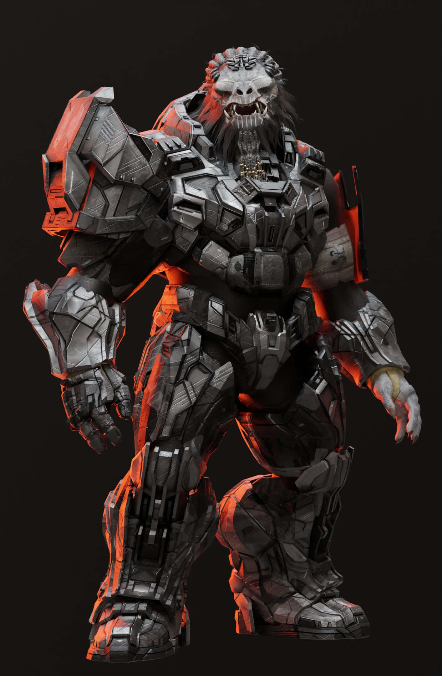 Atriox 桌布 壁紙 — 一隻高大的裝甲大猩猩，帶有發光的紅色點綴，在黑暗背景下威嚴地站立。