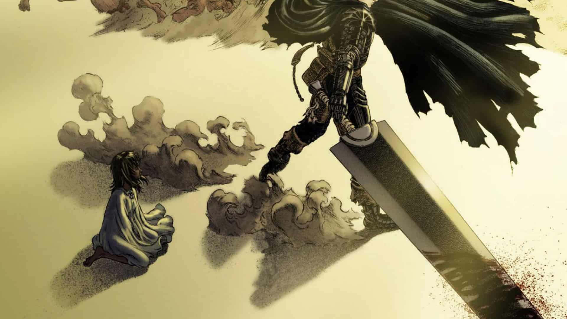  壁紙 — 一個身穿盔甲、手持巨劍的高大戰士，在旋轉的煙霧和灰塵中隱約出現在一個跪著的人物上方。