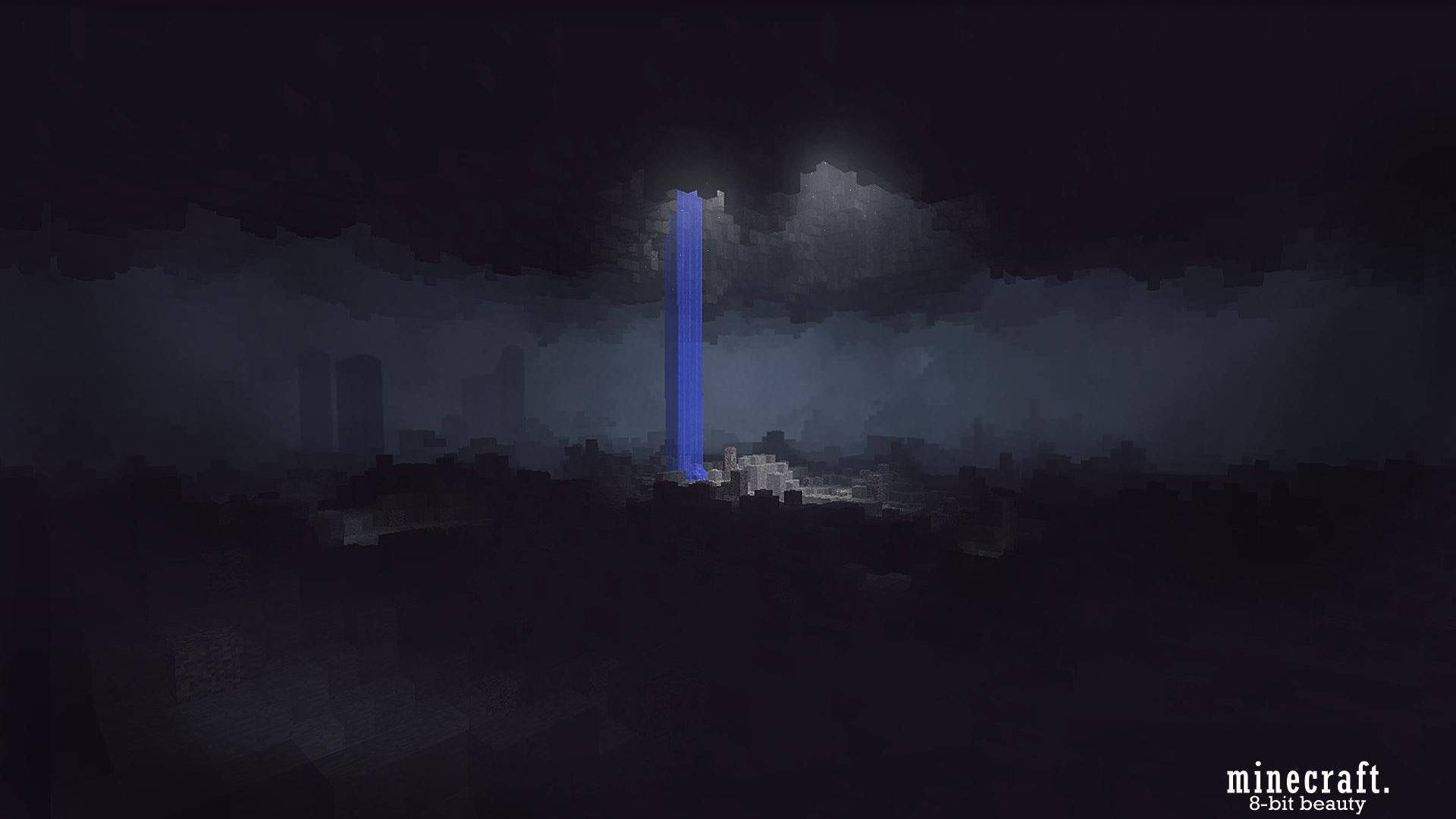 在暴風雨的夜空下，一道發光的藍色光束從Minecraft城市中升起。 — 我的世界 高畫質壁紙 壁紙